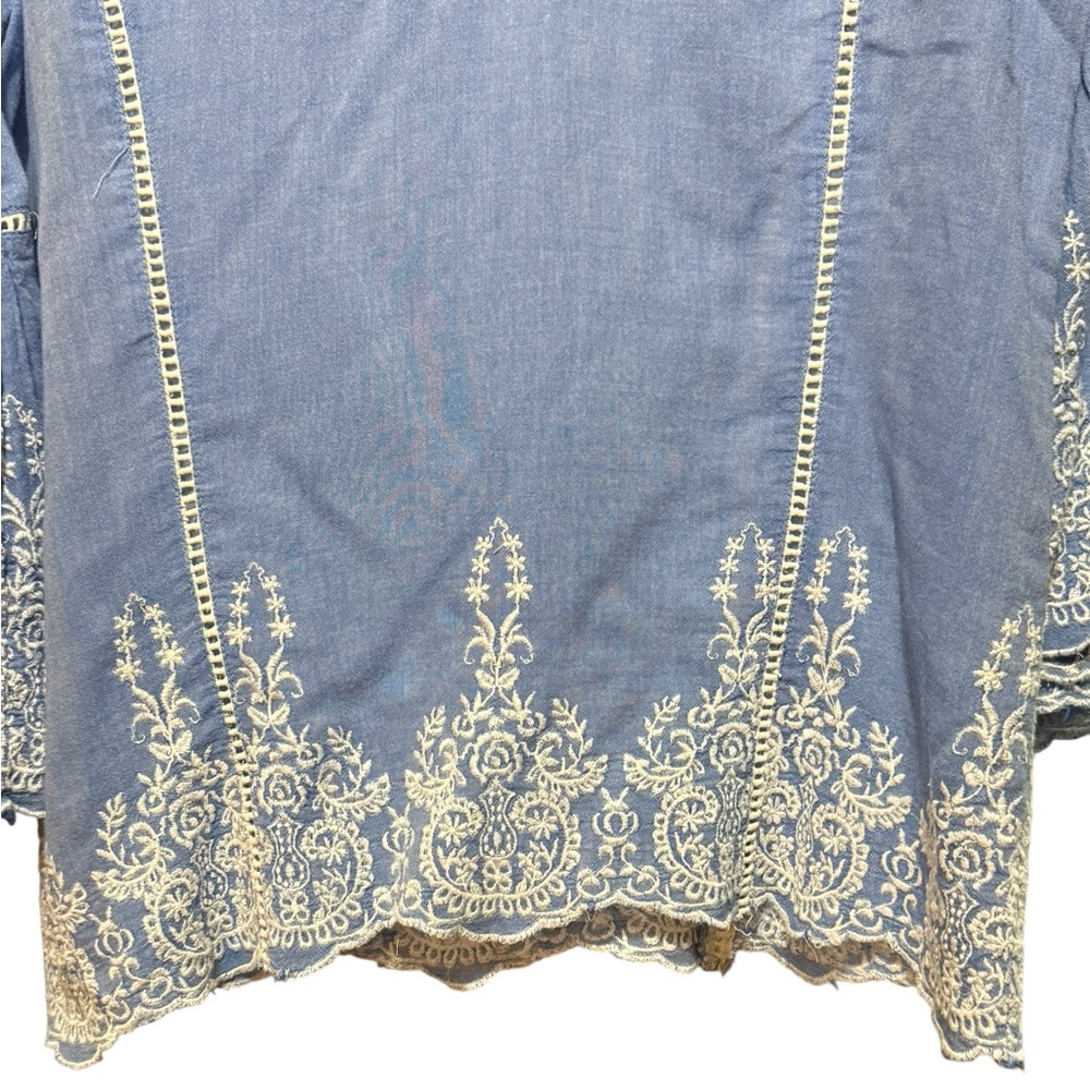 Sundance Lace Blue & White Liliana Embroidered‎ Blouse Top Bell Sleeves Sz L - Picture 6 of 14